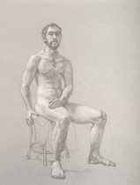 "Bearded Man on Stool," graphite on paper, 19"x25"